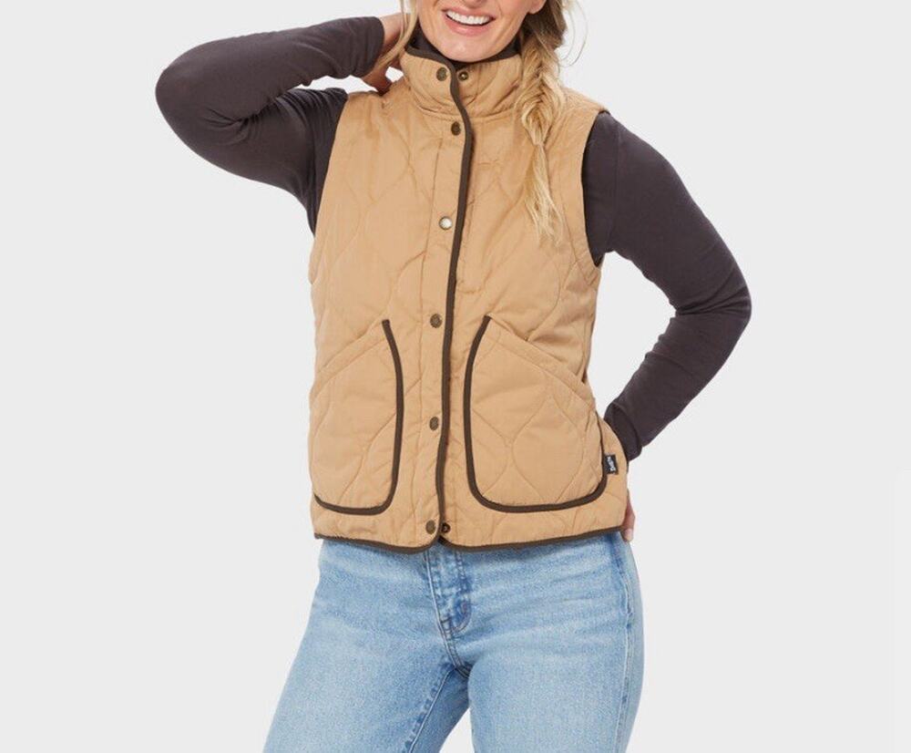 Duluth Vest Women XL Tan Dawn Quilted Sutters Mill Utility Workwear Vest